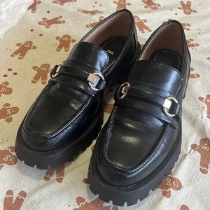 Zara Platform Black Loafers with Gold Hardware